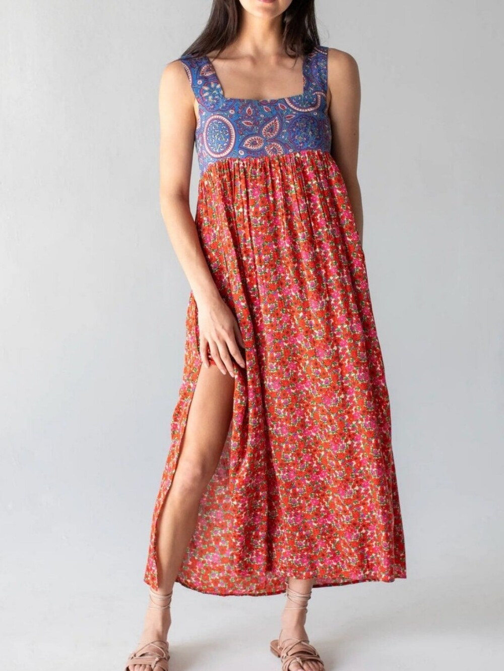 NATURAL LIFE Mixed Print Tricia Maxi Dress — Blue Bodice & Red Skirt Size Large